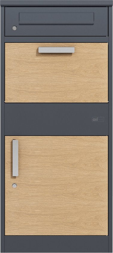 AXI Levi Paketbriefkasten aus Metall, anthrazit/Holzoptik – Paketbox für mehrere Pakete – Inklusive Schloss und separatem Fach für Post – 50,6 x 38,3 x 112 cm