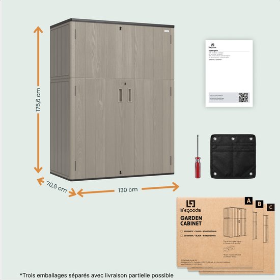 LifeGoods Gartenschrank Vertikal - 1340L - Aufbewahrungsschrank - Wasserdicht & UV-beständig - Gartenbox - Taupe