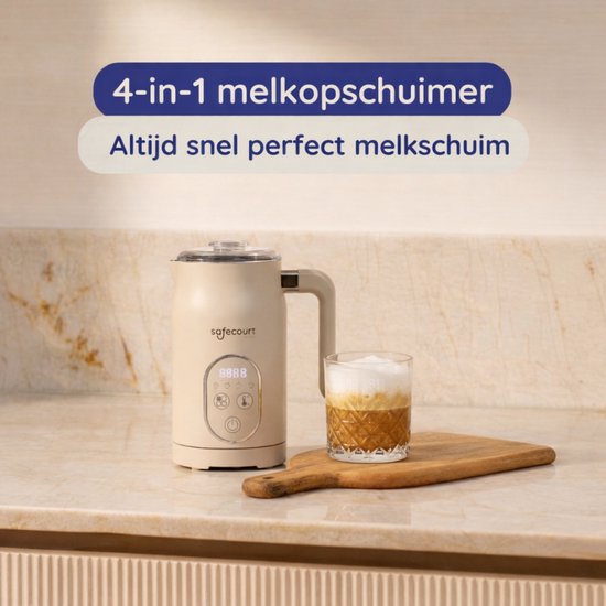 Safecourt kitchen Elektrischer Milchaufschäumer - 100% PFAS-frei - Display & Temperaturkontrolle - 4-in-1 - 350ml - Beige