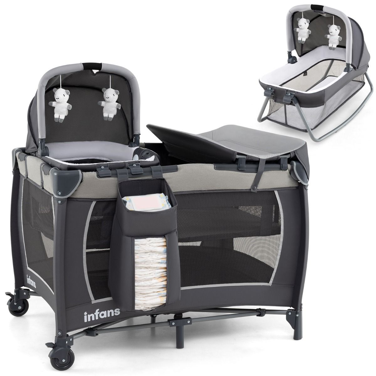 Coast 5-in-1-Reisebett für Babys – Zusammenklappbares Babybett mit Wickeltisch und Aufbewahrungskorb – Inklusive Tragetasche – Grau