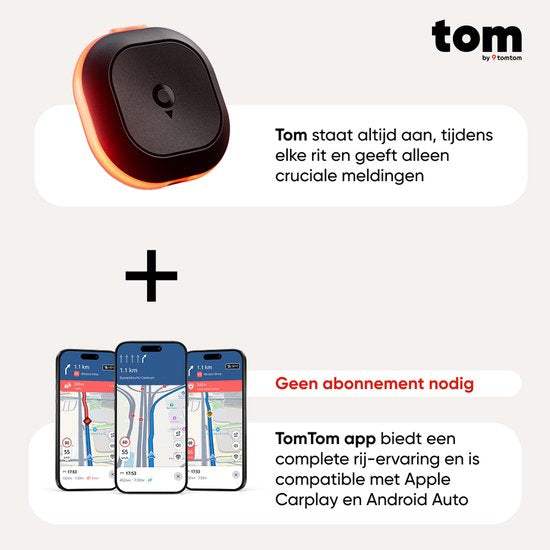 Tom by TomTom | Blitzerwarner für das Auto | Warnt vor fest installierten und mobilen Blitzern sowie Staus | Ohne Abonnement | CarPlay & Android Auto | Hergestellt in Europa