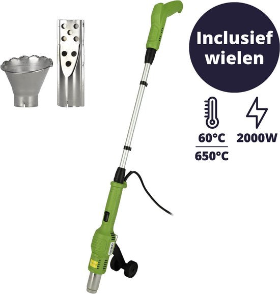 BREND BR-2229 Elektrischer Unkrautbrenner mit Rädern - Unkrautvernichter mit Hitze bis zu 650 °C - Mit Aufsatz für BBQ - Umweltfreundlich - Grün
