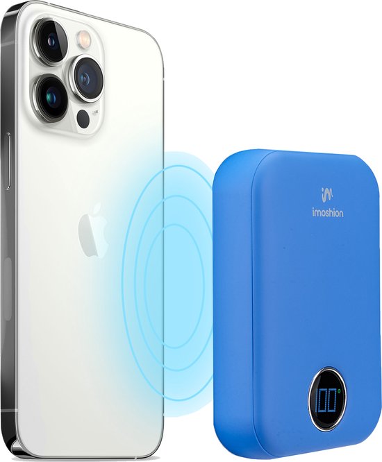 imoshion Powerbank 10000 mAh - Geeignet für MagSafe - Schnellladegerät 22,5W - LED-Anzeige - USB C & USB A - Wireless Powerbank Geeignet für Apple iPhone 12/13/14/15/16 - Blau