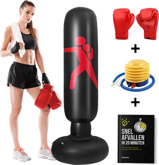 Zoluko Aufblasbarer Boxsack am Fuß - Inkl. Boxhandschuhe, Fußpumpe und E-Book - Indoor und Outdoor - Für Erwachsene und Kinder - Boxsack stehend - Boxsack am Fuß - Boxball am Stand - Boxset Kinder - Boxstange - Boxtrainer - Schwarz