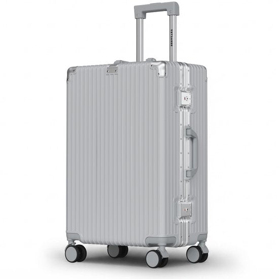 TRVLMORE Premium-Reisekoffer, mittelgroß – 65 x 43 x 26 cm – 360°-Spinner-Rollen – Doppeltes TSA-Zahlenschloss – Polycarbonat – Ohne Reißverschluss – 72 Liter – Silber