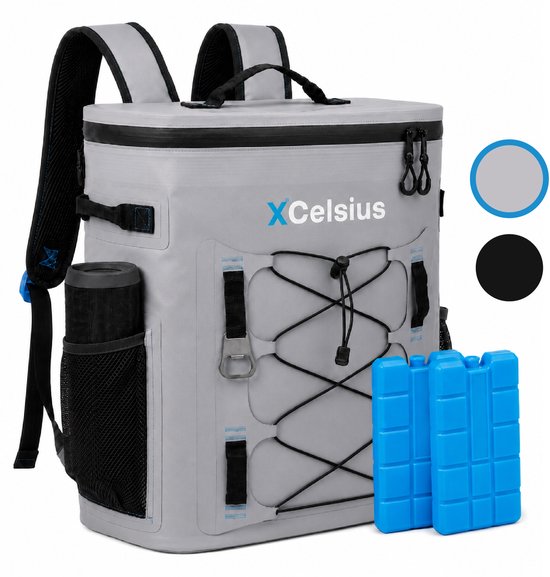 XCelsius® Kühltaschen-Rucksack 20 Liter – Kühltaschen-Rucksack mit 2 Kühlelementen und Flaschenöffner – Mindestens 24 Stunden Kühlleistung – 100 % wasserdicht – Kühltaschen-Rucksack für Strand, Festival, Boot und Camping – Grau
