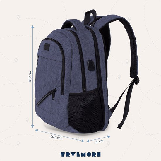 TRVLMORE Rucksack mit Lifetime - Rucksack mit 15.6 Zoll Laptopfach - Schultasche - Spritzwassergeschützt - Männer und Frauen - Jungen und Mädchen - 28L - Blau