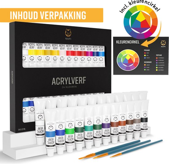 NAPI Acrylfarbe 24 Farben + 3 Pinsel - Gebrauchsfertig - Inklusive Farbkreis - Hobby-Farbset - Malen mit Acrylfarbe - 24 Tuben
