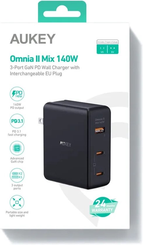 Aukey Omnia II Mix - Reisestecker mit EU-, US- und UK-Stecker - GaN-Ladegerät: Schneller und kompakter - 2x USB-C, 1x USB-A - 140W - Schwarz