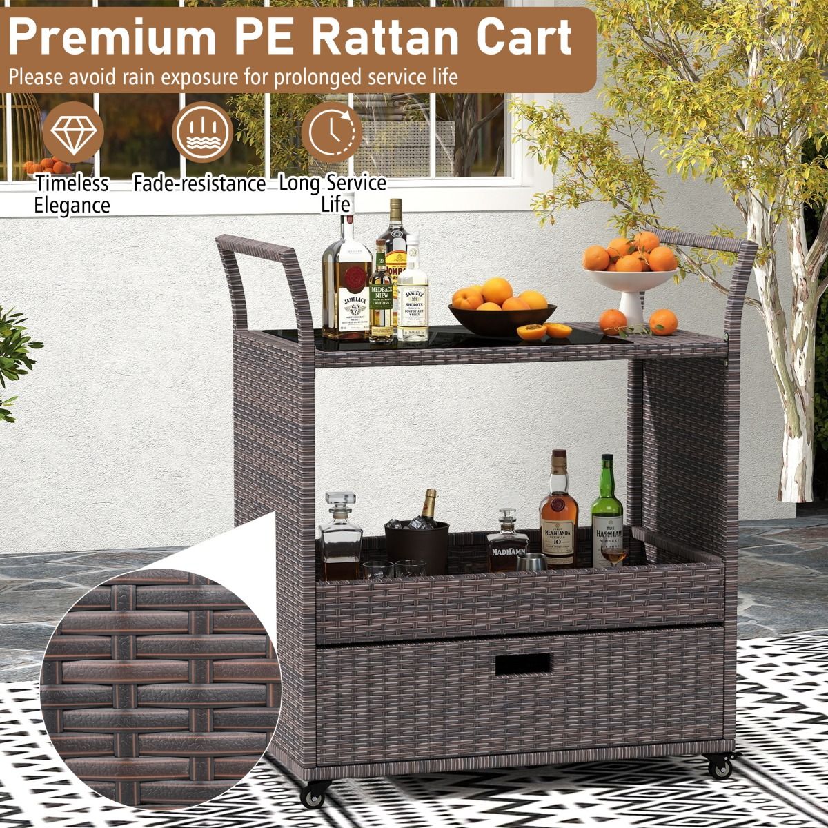 Coast Barwagen aus Korbgeflecht – mit Platte aus gehärtetem Glas – große Schublade und offenes Regal – braun – 85 x 47 x 92 cm
