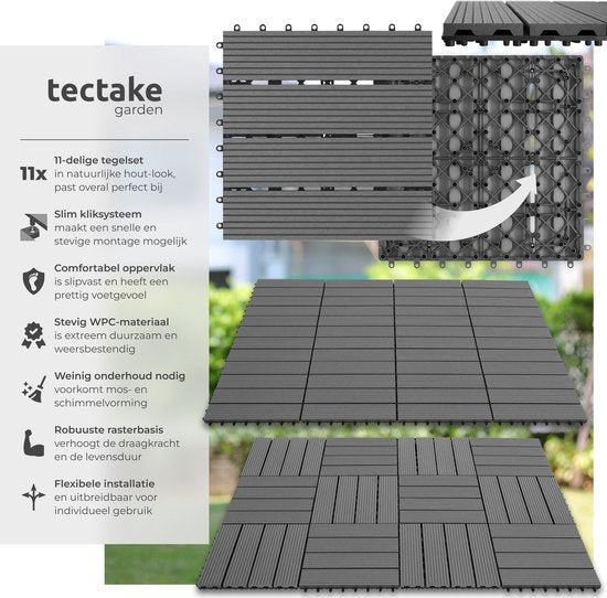 tectake WPC-Holzfliesen - Fliesen in Holzoptik - Witterungsbeständig - Bodenbelag für den Außenbereich - Bodenfliesen - Balkonboden - Terrassenfliesen mit Klicksystem - Drain - Set mit 11 Stück - Grau