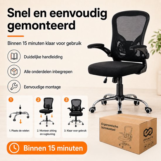 Infinity Goods Ergonomischer Bürostuhl – Office Chair – 4D-Lendenwirbelstütze & Netzbezug – Klappbare Armlehnen – Bis zu 150 kg – NEN-EN1335 – Schwarz