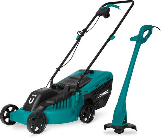 VONROC Rasenmäher 1300W 32cm Schnittbreite - und Grastrimmer 300W - Ø230mm Schnittdurchmesser - Komplettset!