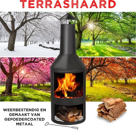 BBQ Collection Außenkamin - Outdoor-Ofen - mit Schornstein - 134 x 44,5 x 44,5 cm - mit Aschefänger, Schürhaken und Holzlager - Carbonstahl - Schwarz