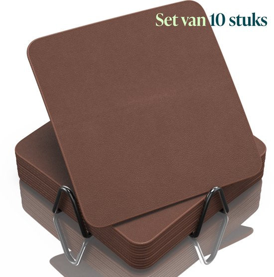 Castagnola Untersetzer aus Kunstleder – Untersetzer für Gläser – Design-Untersetzer mit Halter – Untersetzer-Set aus Kunstleder mit Metallhalter – Leder – 10er-Set – Braun – 10 x 10 cm