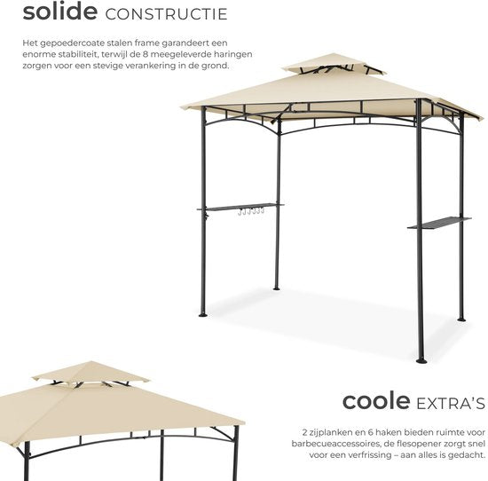 tectake® Grillpavillon – Grillüberdachung – 240 x 150 x 250 cm - Gartenpavillon – wetterfest – UV-Schutz – Doppeldachsystem – Pavillon mit Aufhängehaken, Grillrosten und Flaschenöffner – Grillpavillon – sandfarben