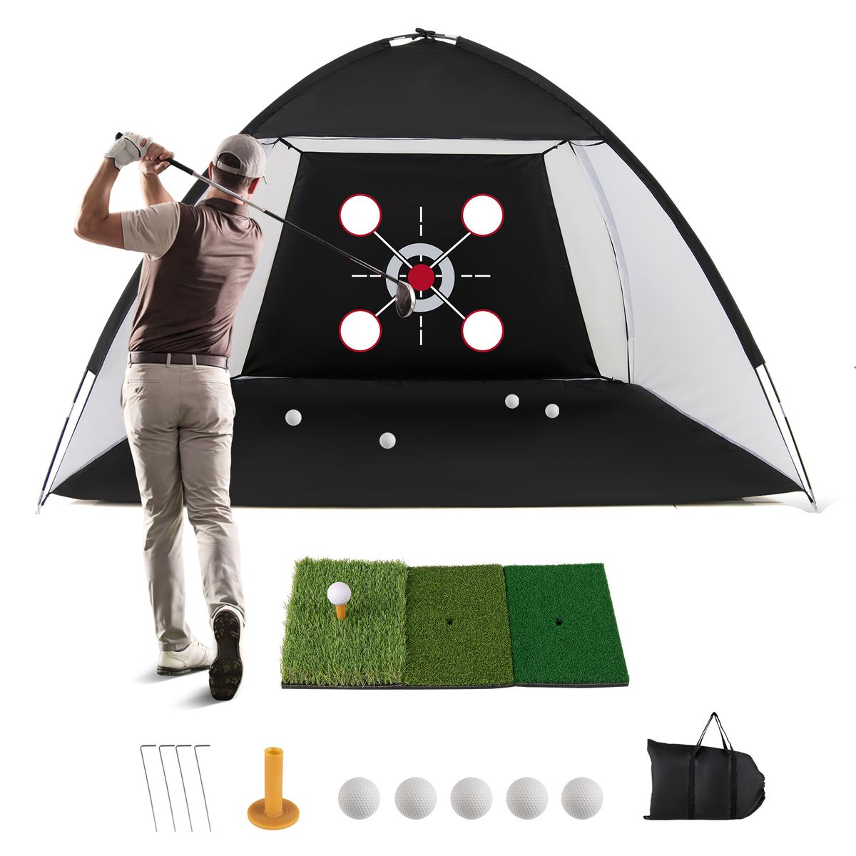 Coast Golf-Übungsnetz mit Abschlagmatte – inklusive Tragetasche und Schlagstütze – für drinnen und draußen geeignet – schwarz