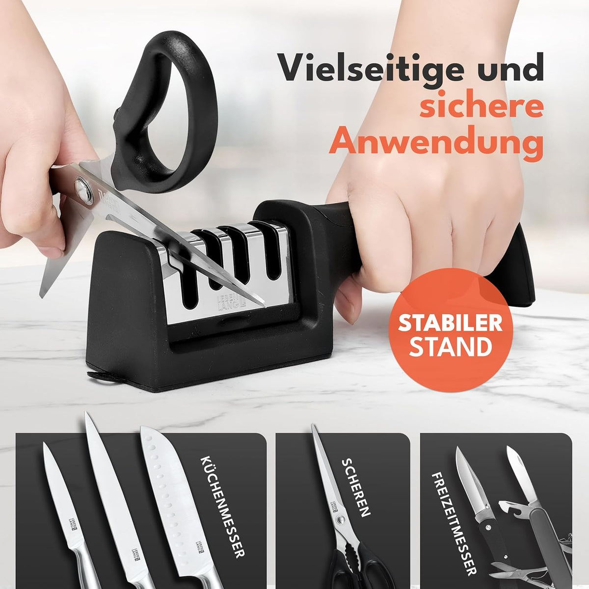 LEBENLANG Messerschärfer - 4 Stufen - 22 x 6,5 x 5,5 cm - Schwarz