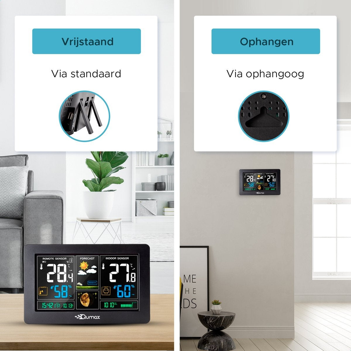 Qumax Drahtlose Wetterstation für Drinnen und Draußen mit Außensensor bis 60 m Reichweite Wasserdicht Schwarz