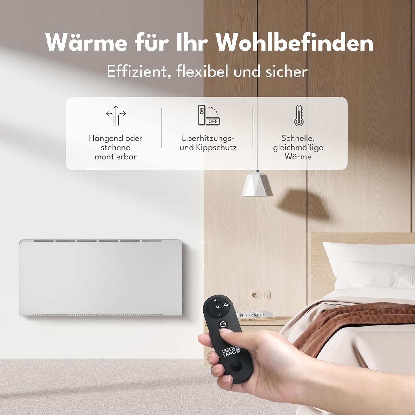 LEBENLANG Elektroheizgerät - 2000W - Wifi und App-Steuerung - Fernbedienung - 88 x 5 x 49 cm - Weiß