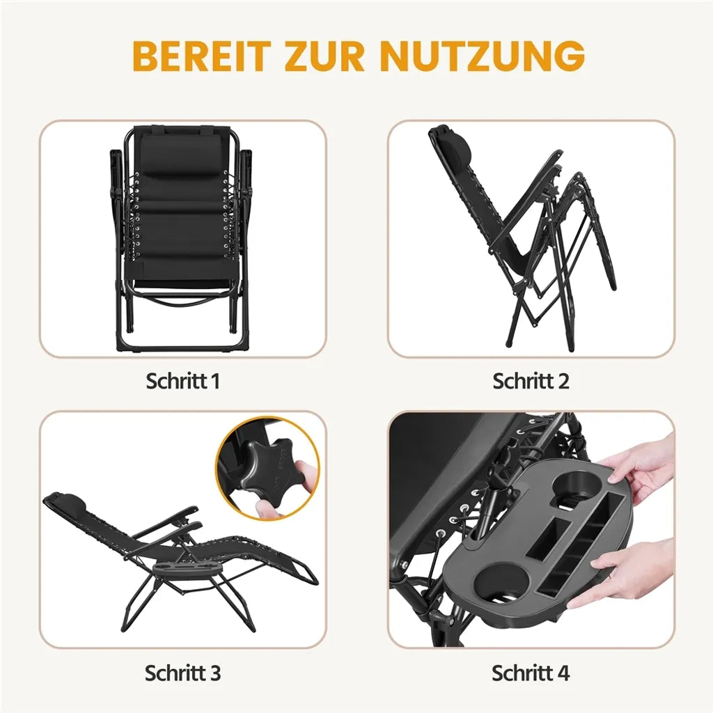 Yaheetech 2er-Set Zero-Gravity-Liegestühle – Schwarz – Zusammenklappbare Liegestühle mit Kopfkissen und Getränkehalter