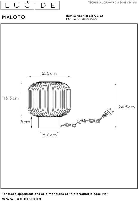 Lucide MALOTO – Tischlampe – Ø 20 cm – 1xE27 – Bernstein