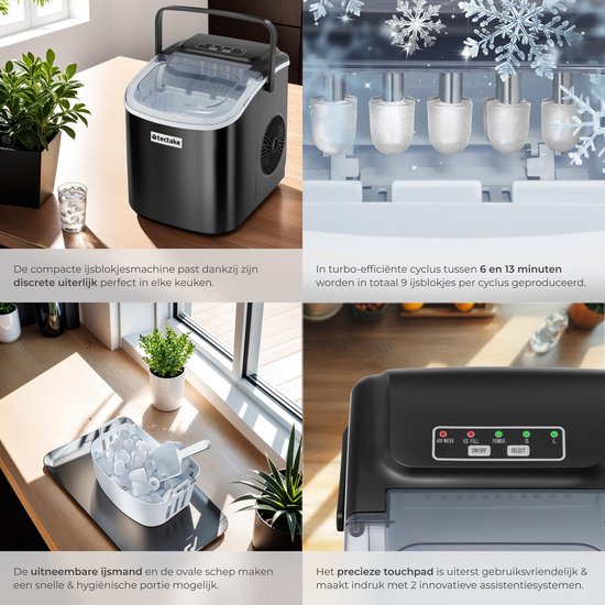 tectake® Eiswürfelbereiter Arctic - 1.2L - 2 Eiswürfelgrößen - Eismaschine - Eiswürfelbereiter mit Eisportionierer - Schwarz