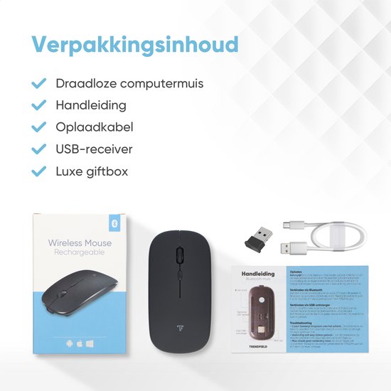 Trendfield Kabellose Maus - Bluetooth & USB - Leise Klicks - 800/1200/1600 DPI - Wiederaufladbar