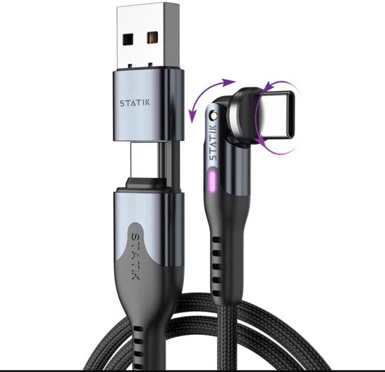 Statik PowerPivot Pro 360 – USB-C/USB-A auf USB-C – 1 m – 100 W – 480 Mbit/s Datenübertragung – Nylon-Geflecht – Schwarz