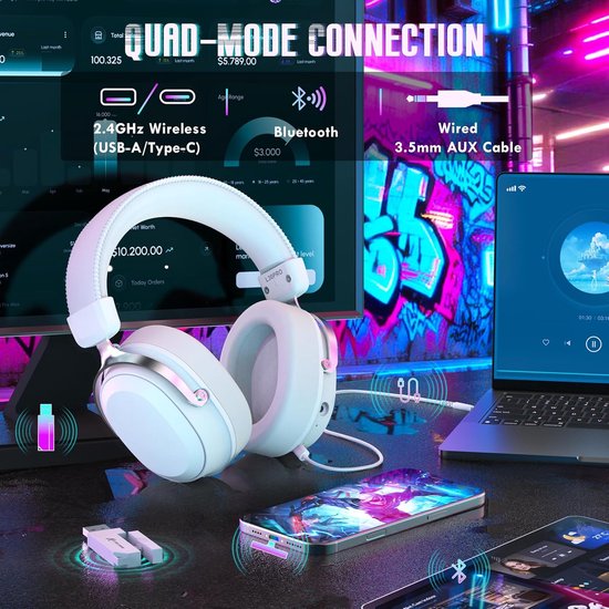 ATTACK SHARK L30PRO Kabelloses Gaming-Headset – 7.1-Surround-Sound – 50-mm-Treiber – 20 ms geringe Latenz – abnehmbares Mikrofon mit Geräuschunterdrückung – Rahmen aus Aluminiumlegierung – Tri-Mode-Konnektivität – Over-Ear-Headset – Weiß