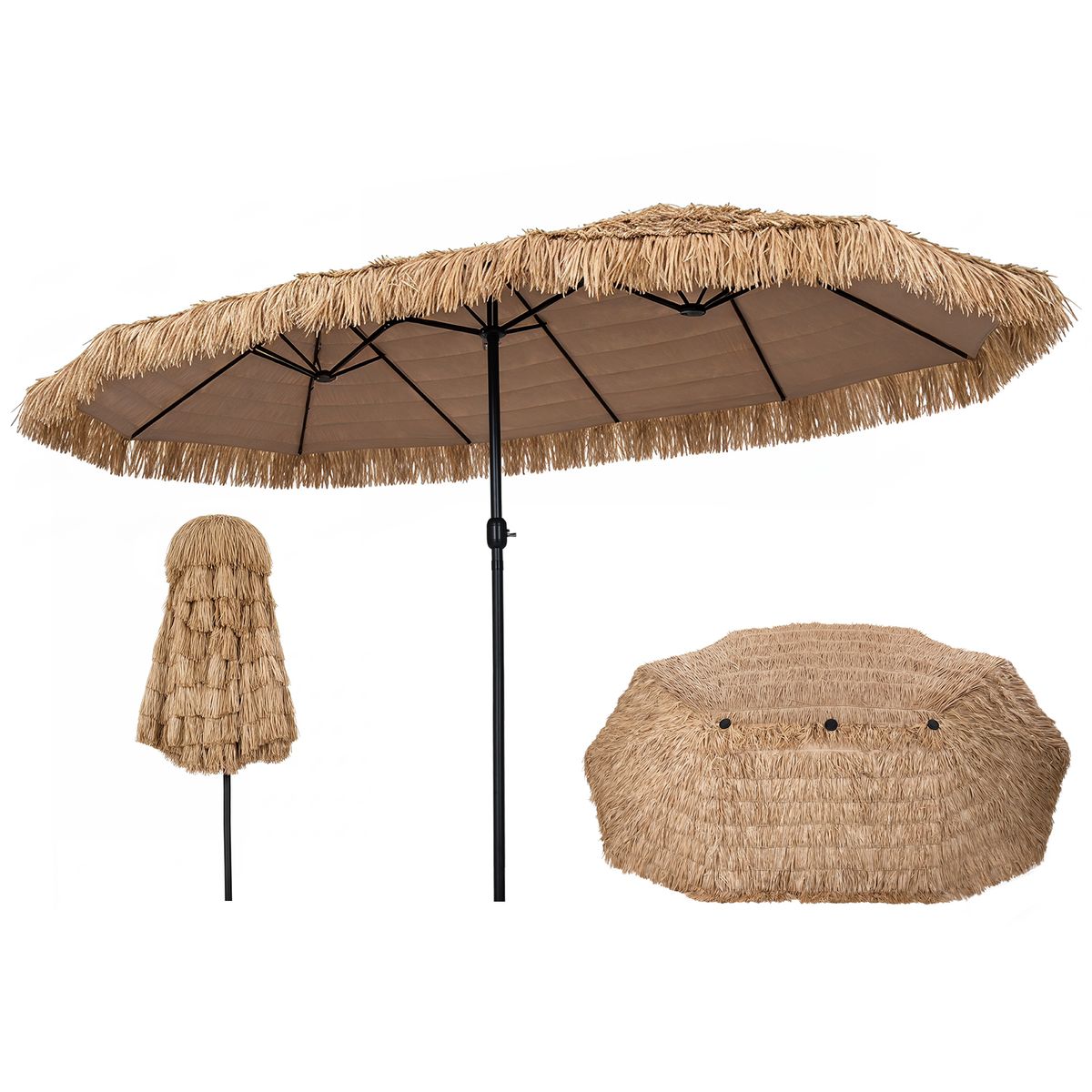 Coast Doppel-Strohsonnenschirm – tropischer Hawaii-Stil – ohne Lampe, ohne Sonnenschirmständer – 450 x 270 cm – naturfarben