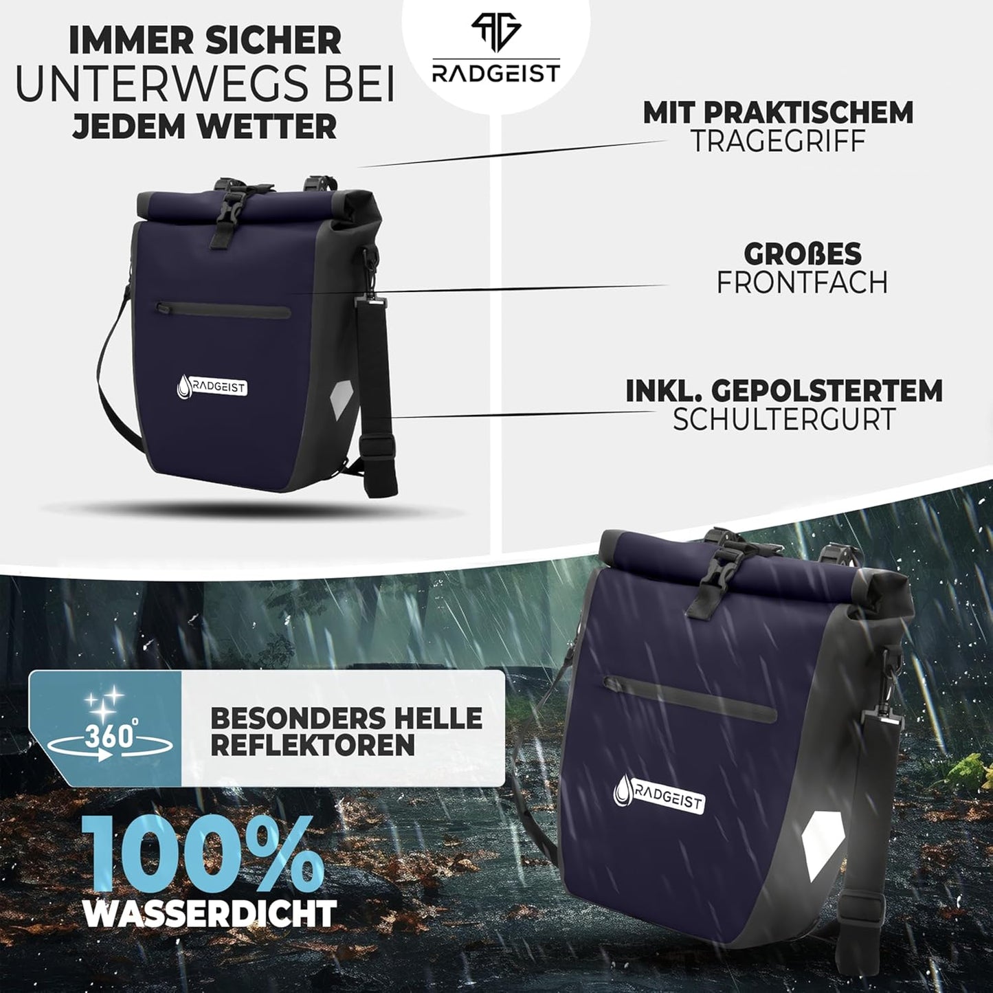 Gepäckträgertasche für Fahrradträger - Tasche für Fahrradträger - Wasserdichte & Umhängetasche - Gepäckträgertasche mit Reflektoren