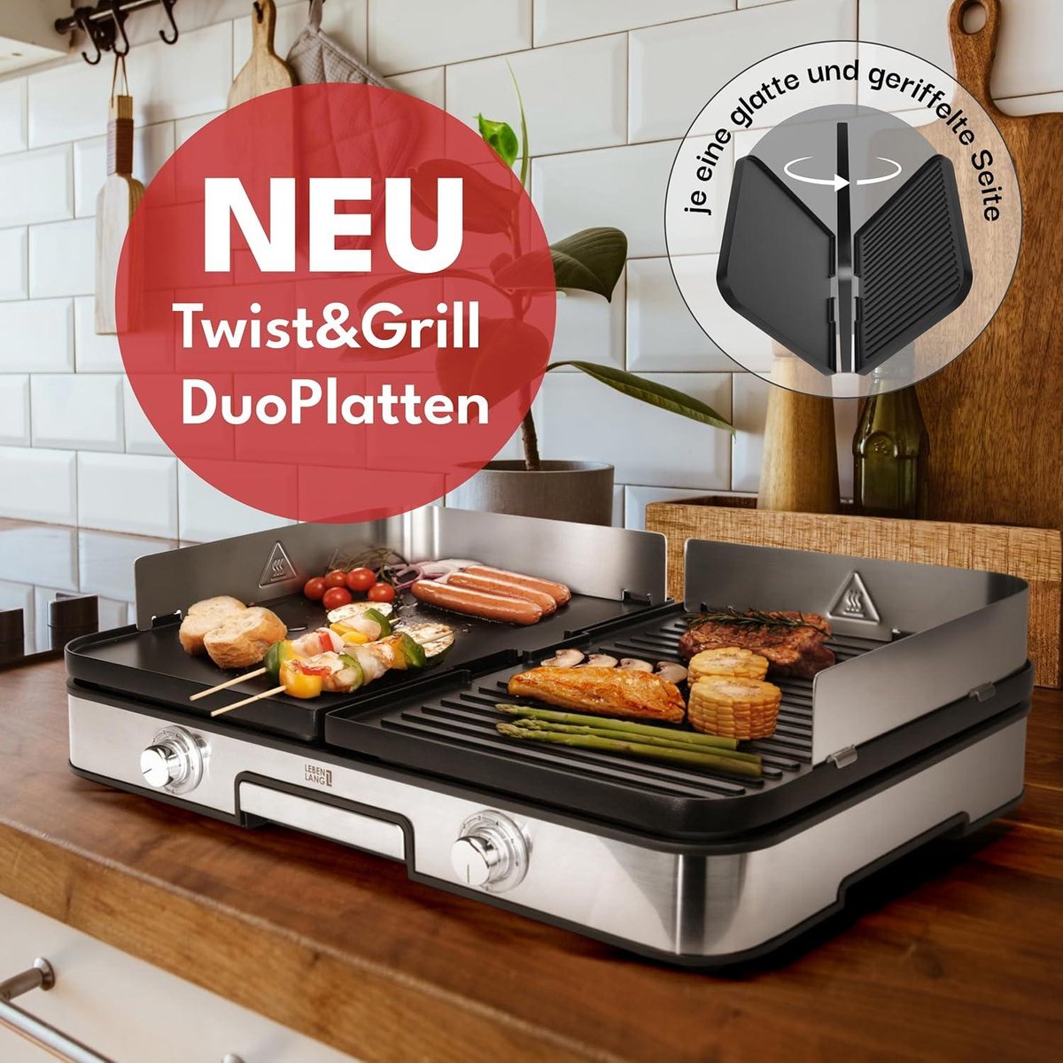 LEBENLANG Elektro-Tischgrill 2400W - Grau - 2x Grillplatten (gerippt & glatt) - 55 x 30 cm - Inklusive Grillzange und Spritzschutz - Für den Innen- und Außenbereich