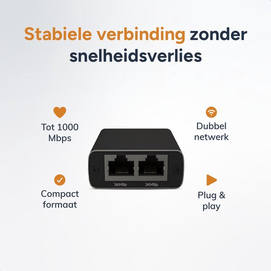 Skoov Internet Splitter 1 in 2 out - Netzwerk Switch mit 2 Ports - 1000Mbps - RJ45, Cat5, Cat6, LAN, UTP, Ethernet Splitter - Adapter - Schwarz