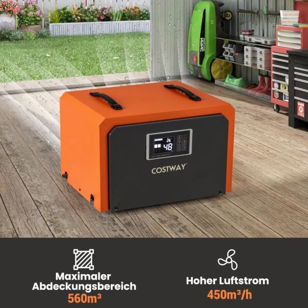 Coast Construction Dryer Orange - Industrieller Luftentfeuchter 60L pro Tag mit Ablassschlauch und 24-Stunden-Timer - 49 x 31,5 x 32 cm