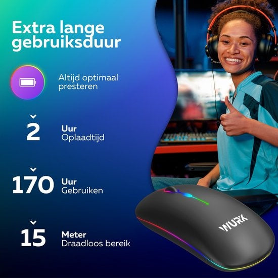 Wurk Wireless RGB Mouse - Wiederaufladbar - Bluetooth 4.0 - 2.4GHz - USB - Drahtlos - Computermaus - Laptop - PC - Schwarz