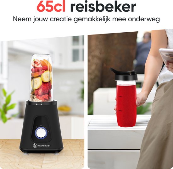 Kitchenwell Mixer - Leistungsstarker 1300 Watt Smoothie Mixer - 1,5 Liter - Glaskrug - 3 Ständer - Inklusive Sportbecher - Edelstahl/Schwarz