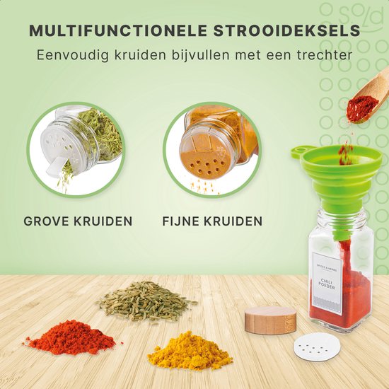 S.old - 36 Glasgewürzdosen quadratisch mit Bambusdeckel - Gewürzstreuer - Komplettset mit Streudeckeln, vorgedruckten Aufklebern und Trichter - Fassungsvermögen 120 ml - 10,5 x 4,3 cm