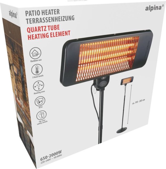 Alpina Infrarotheizung - Terrassenstrahler - 2000W - 3 Heizstufen - Schwarz