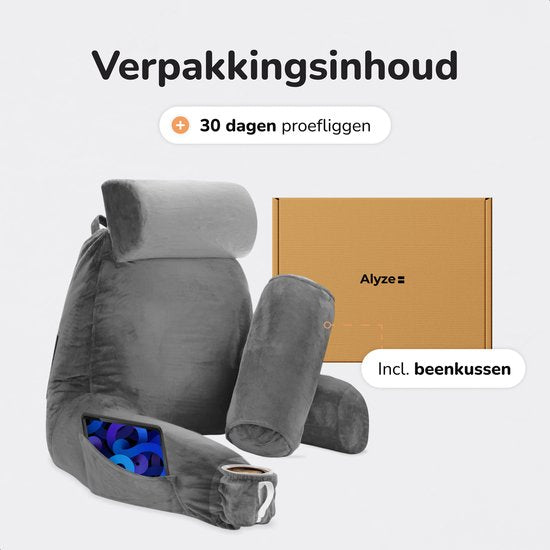 Soft & Silky Lesekissen fürs Bett - Gute Haltung - Mit 3 Ablagefächern - Für den unteren Rücken - Fürs Sofa - Grau