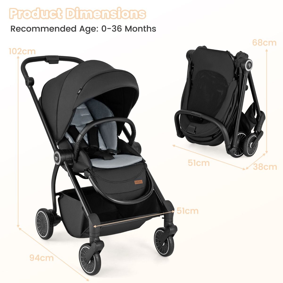 Coast Faltbarer Kinderwagen 94x51x102 cm Schwarz mit umkehrbarem Sitz, verstellbarer Rückenlehne und Verdeck