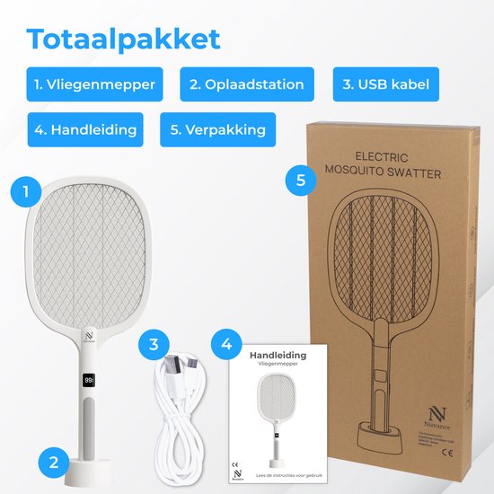Nuvance Elektrische Fliegenklatsche - Usb Wiederaufladbar - Mückenlampe - mit Display - Mückenstecker - Fliegenfalle - Fliegenlampe - Weiß