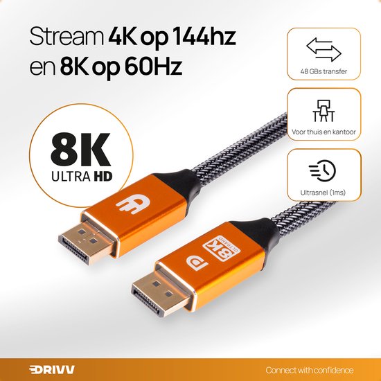 Drivv. Displayport-Kabel - 8K 60Hz - 4K 144 Hz - 32.4GBps - Displayport 1.4 - DP-Kabel - 2 Meter - Orange