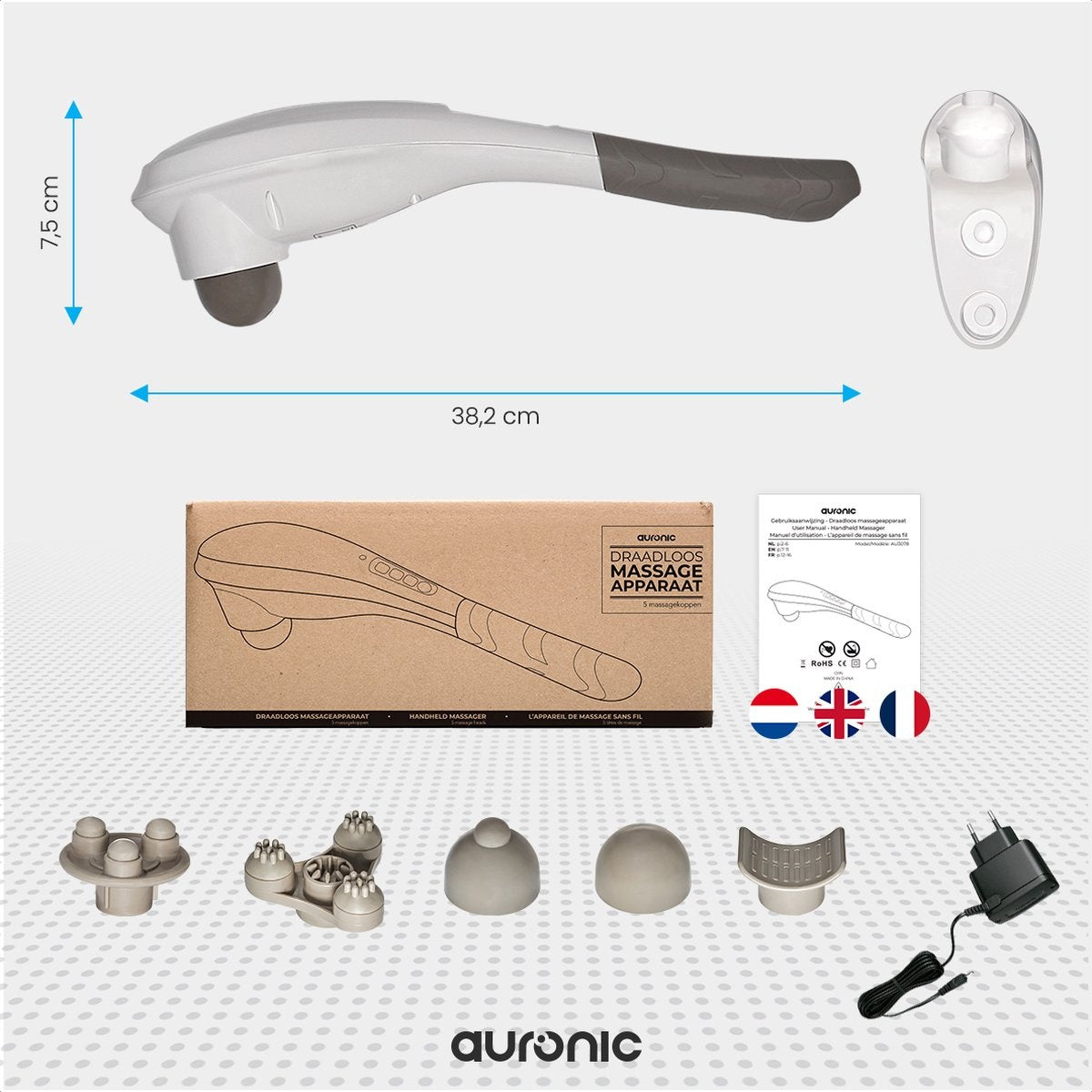 Auronic Massagegerät Nacken- und Rückenmassage Kabellos 5 Aufsätze Weiß/Grau