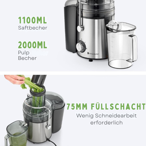 KitchenBrothers - Entsafter mit Fruchtfleischbehälter - 1100ml - 800W - Schwarz
