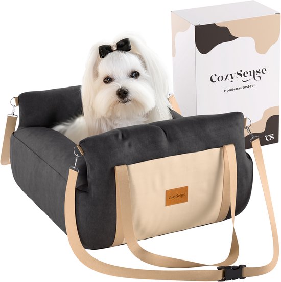 CozySense® Hundeautositz - Hundekorb Auto für kleine Hunde - Vorder- & Rücksitz - waschbarer Bezug & auch als Tragetasche - Schwarz/Beige