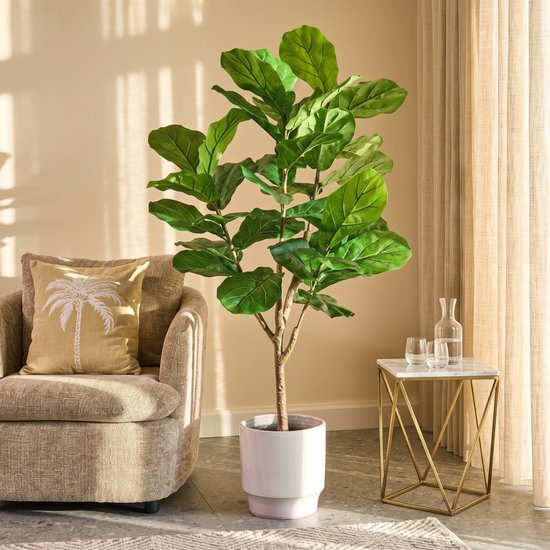 Mica Decorations Ficus Lyrata Kunstpflanze – Kunststoff-Zimmerpflanze im schwarzen Topf – wasser- und UV-beständig für drinnen und draußen – pflegefreie botanische Dekoration – H 150 x Ø 50 cm – grün