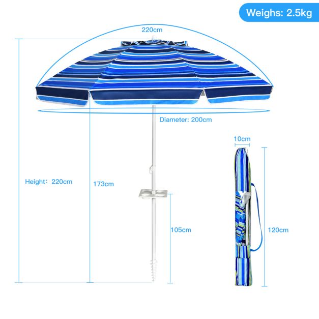 Coast Strandschirm 220 cm – UPF50+ – Neigbar – Mit Getränkehalter/Tragetasche