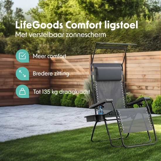 LifeGoods Faltbarer Gartenstuhl - Verstellbarer Sonnenschirm - Gartenliege - 30°-90° verstellbar - Metall - Grau