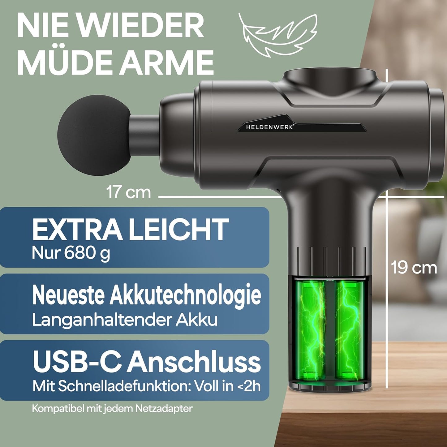 Heroism Massage Gun - 6 Massageköpfe - 30 Geschwindigkeiten - USB-C - Grau